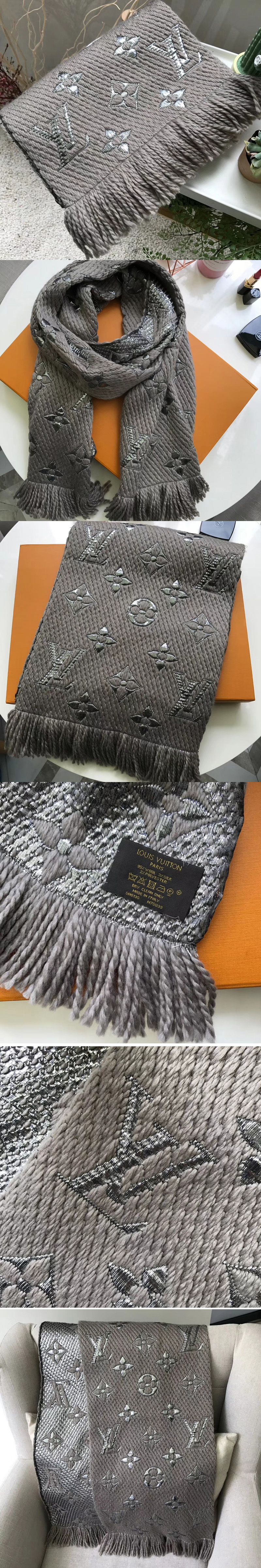 Replica Louis Vuitton M72431 LV Logomania Shine scarf Gray Wool and silk