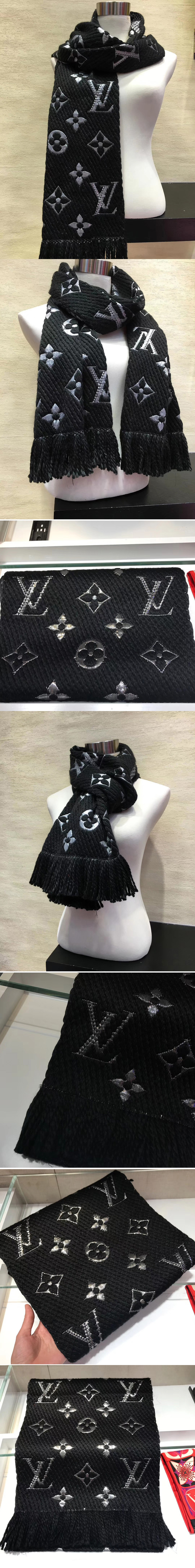 Replica Louis Vuitton M75833 LV Logomania Shine scarf Black Wool and silk