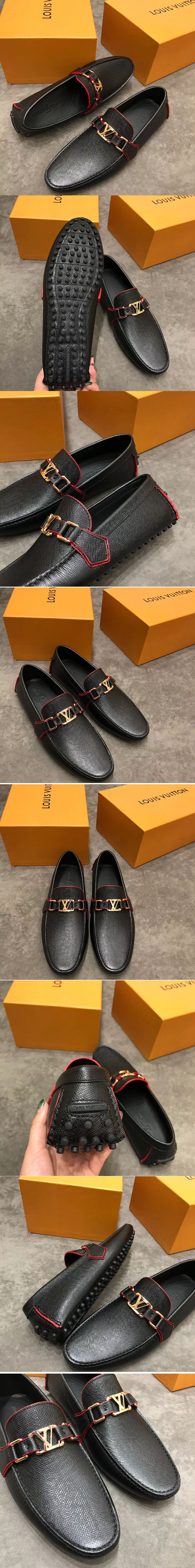 Replica Louis Vuitton LV Hockenheim Loafer And Shoes Black Calf Leather Red Stitch