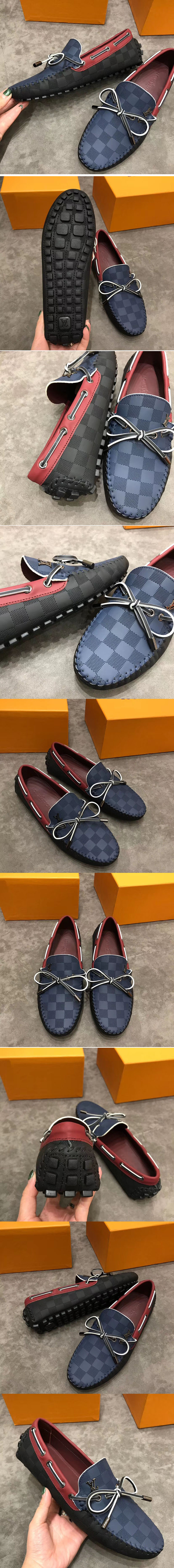 Replica Louis Vuitton LV Arizona Mocassin Shoes Damier Embossed Calf leather Blue